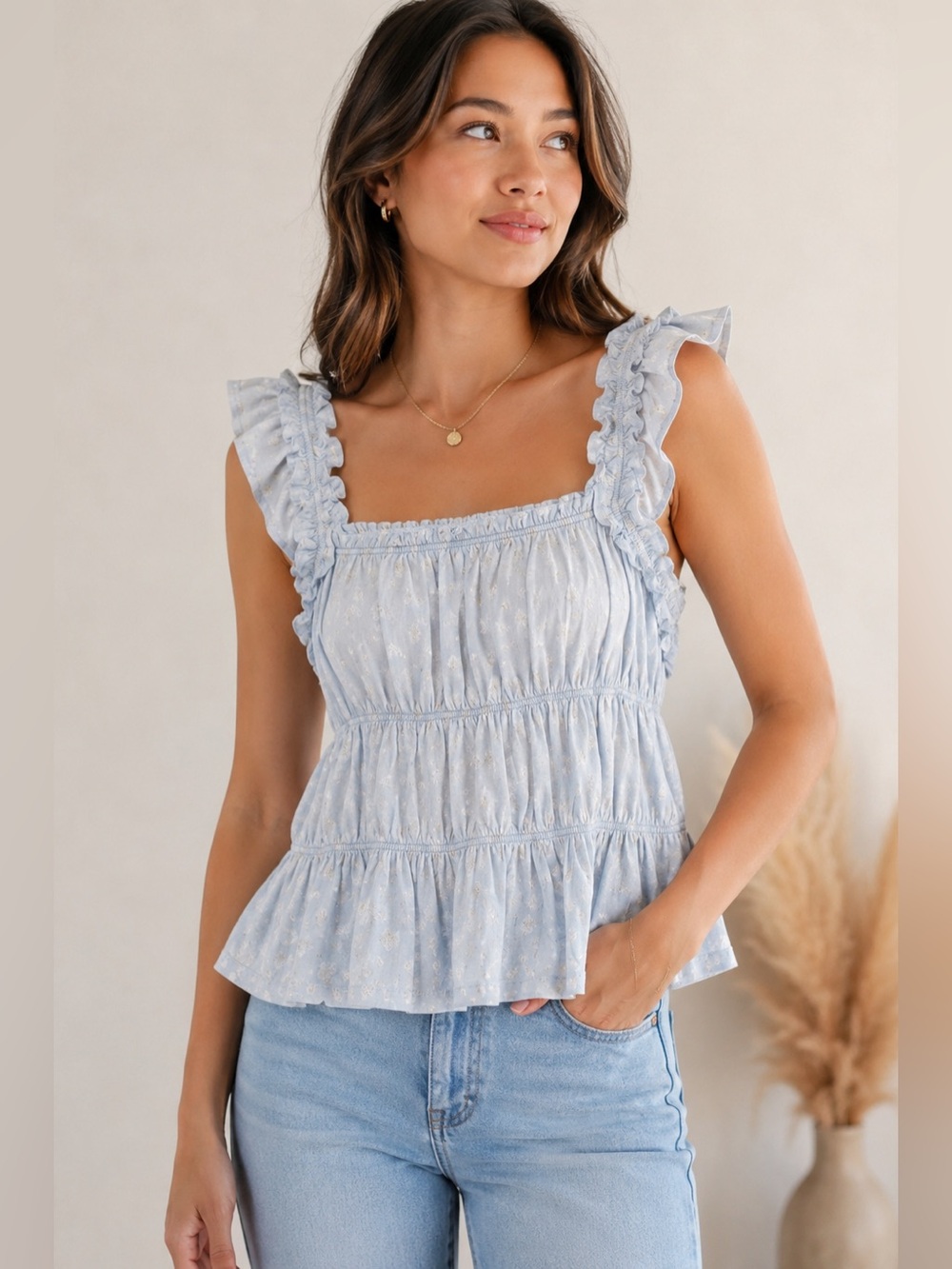NWT Melrose and Market Blue Floral Ruffle Smocked Peplum Top Size Small